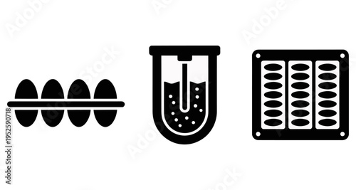 Egg Carton Beaker Stirring and Egg Tray Icons Representing Food Production or Science