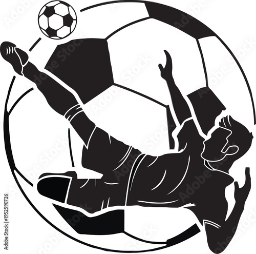 Silhouette of a soccer player performing a bicycle kick, Acrobatic soccer kick vector illustration for sports branding