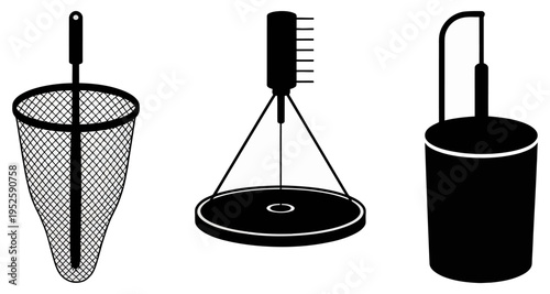 Fishing net scientific apparatus and beaker icons on white background