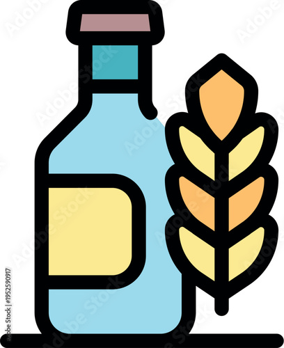 Glass beer bottle with wheat representing brewing process, perfect for brewery, pub, oktoberfest or beer related businesses