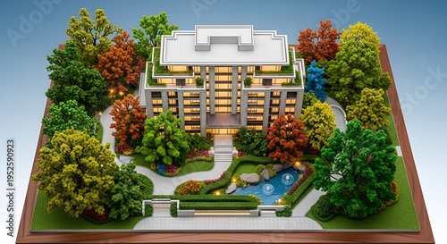 Luxury Apartment Building Model with Landscaped Gardens and Pond