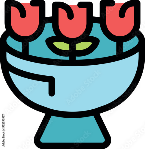 Three red tulips growing in a blue pot, perfect decoration for spring celebrations or interior design projects