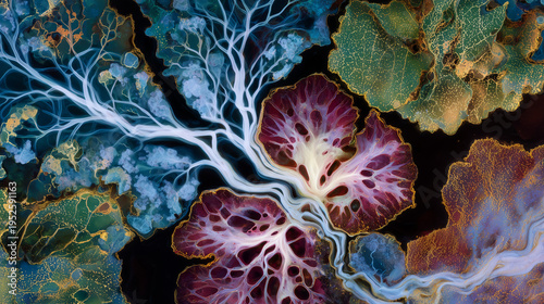 Abstract ecological microscopic illustration of decomposers at work, bacterial colonies and fungal filaments breaking down leaf litter, vivid color contrasts highlighting intricate