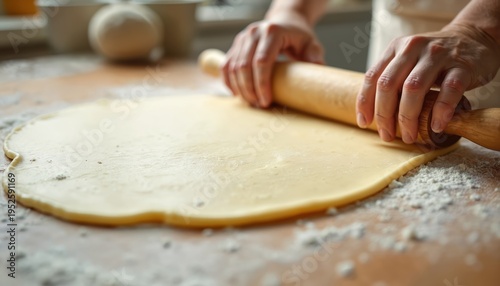 Hands use wooden roller to flatten dough on kitchen table. Flour dusts surface. Baker prepares ingredients for homemade pastry dish. Close-up of food creation.