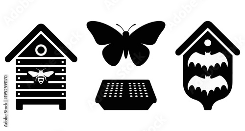 Insect Houses and Butterfly Silhouette Icons Vector Illustration