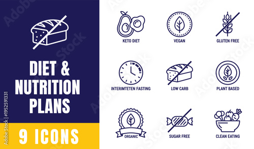 Diet and Nutrition Plans Line Icon Set — Keto, Vegan, Gluten Free, Fasting, Low Carb, Plant Based Outline Vector
