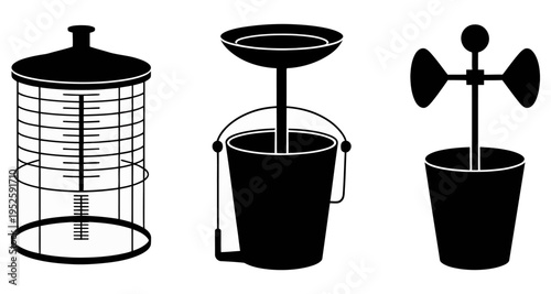 Scientific Instruments Icons: Rain Gauge Funnel Bucket Anemometer Silhouettes