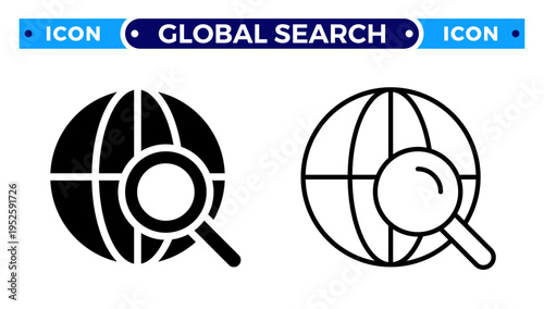 Global Search and Worldwide Web Analytics with Magnifying Glass Over Globe Vector Icon Set