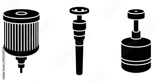 Set of three black isolated icons for car parts or plumbing fittings on white background