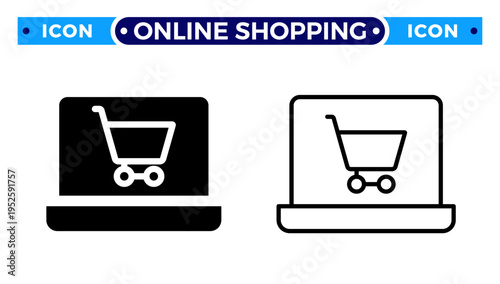 Online Shopping and E-commerce Store with Shopping Cart on Laptop Screen Vector Icon Set