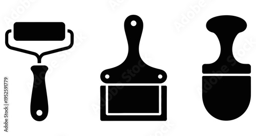 Set of three painting and decorating tools: paint roller putty knife and brush icon silhouettes