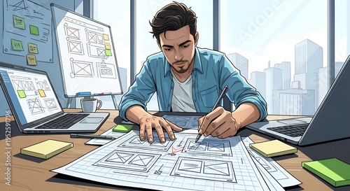 Man designing website wireframes in modern office, planning app interface layout