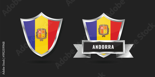 Professional silver shield and ribbon badges with the national flag of the Principality of Andorra. High-quality metallic icon for Andorran patriotic, cultural, and governmental branding.