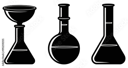 Three Laboratory Glassware Flasks Arranged Side by Side Isolated on White Background Vector Illustration