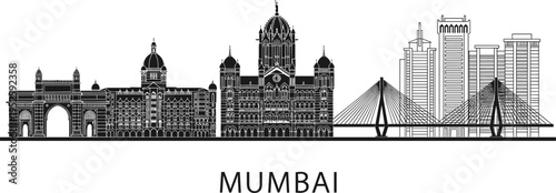 Mumbai landmark silhouette illustration set, Gateway Taj Terminus Sea Link skyline artwork, India architecture vector design concept