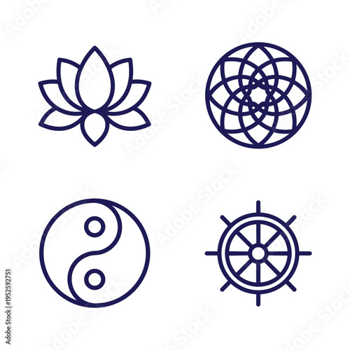 Spiritual and Harmony Symbol Line Icon Set — Lotus, Mandala, Yin Yang, Dharma Wheel Outline Vector
