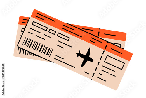 Hand drawn cute illustration of two plane tickets. Flat vector pair of boarding pass doodle sticker. Tourism or traveling icon. Digital booking service. Summer vacation. Isolated.