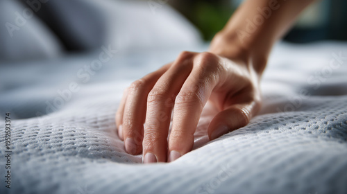 Faceless hand from above gently pressing into a white mattress, close-up showing the fine woven texture of the fabric, subtle indentation illustrating support, bright soft lighting
