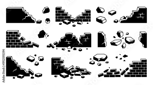 Set of black brick wall elements with cracks and stones. The composition of nine different brick walls with detailed cracks and stone elements that can be used for illustration
