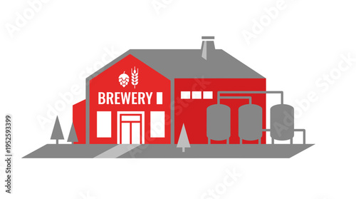A brewery with a red building and large tanks. The brewery has a distinctive logo on the facade and is surrounded by a few trees