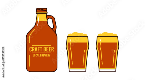 Craft beer bottle with two glass of beer illustration, perfect for beer lovers 