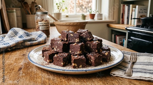 Εκτύπωση καμβά Homemade Chocolate Walnut Fudge Stacked on a Plate in a Rustic Kitchen