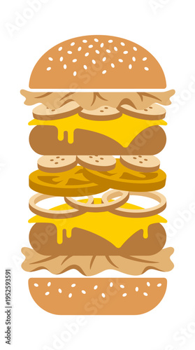 A tall, layered burger with sesame seed bun. The burger includes patties, cheese, onion rings, and vegetables