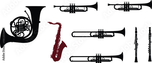 Collection of professional musical instrument silhouettes including trumpets, french horn, saxophone, and clarinets isolated on white background for jazz band and classical orchestra designs.