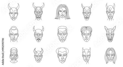 minimalist continuous line art faces featuring various human and demonic forms abstractly illustrating concepts of duality.