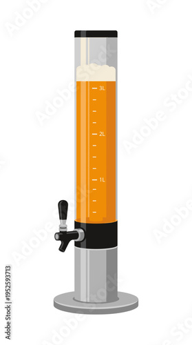 A tall beer tower with foamy beer and a tap. The tower stands on a silver base and is filled with beer.