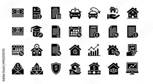 financial services icons representing money property loans and investment planning for business and personal finance applications