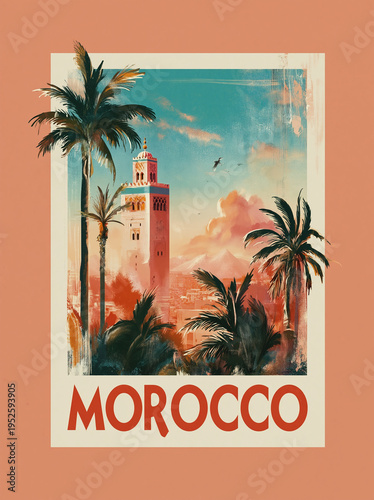 Morocco Travel Poster with Palm Trees and Minaret – Retro Tourism Art