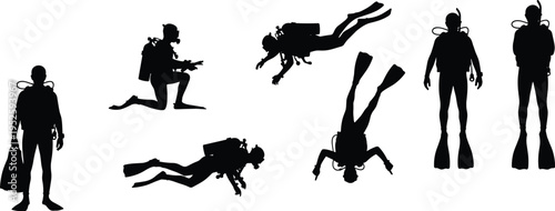 Scuba Diver Silhouettes Set Featuring Professional Divers in Various Poses Undersea Swimming Diving Gear Equipment Underwater 