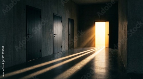 Open door with bright light and shadows in dark hallway, hope and opportunity concept