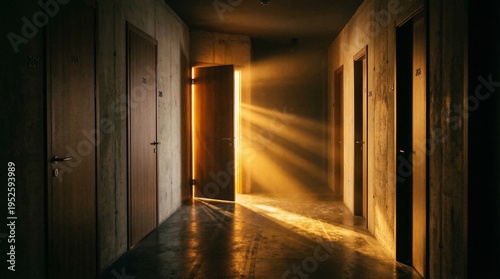 Mysterious hallway with sunbeams streaming through an open door