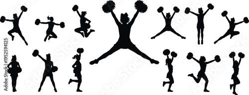 Set of cheerleader silhouettes performing athletic jumps and dance routines with pom poms for sports team support and school spirit event design projects.