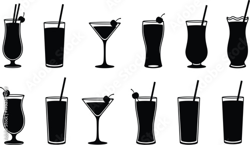 Set of black cocktail and drink silhouette icons with straws and cherries isolated on white background for bar menus, party invitations, and summer nightlife designs