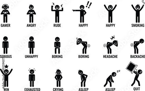 Stick figure man icons showing various emotions and actions including gamer, angry, rude, happy, smoking, serious, boring, headache, backache, win, exhausted, crying, and quit.