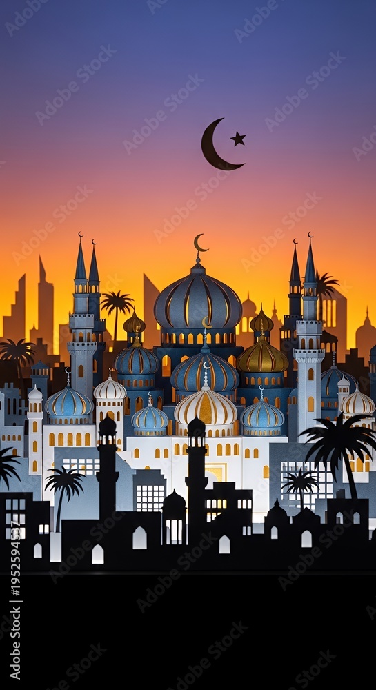 Fototapeta premium Mosque at sunset with crescent moon.