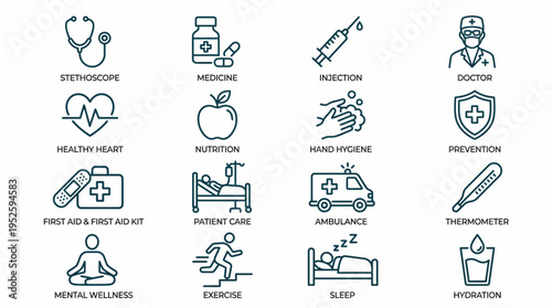 Modern outline icon set for healthcare, medical services, and personal well-being, featuring symbols for diagnosis, treatment, prevention, and healthy lifestyle choices