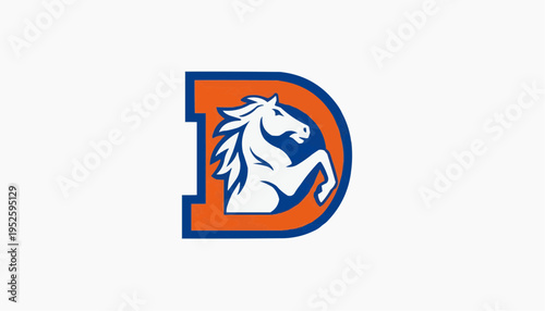 Blue letter D logo with rearing white horse illustration on bold orange background