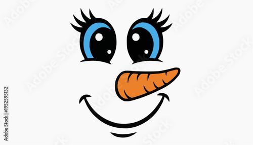 Cartoon snowman face illustration with carrot nose blue eyes and cheerful winter smile