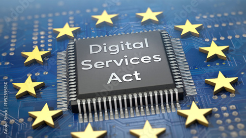 Symbolische Darstellung des Digital Services Act: Ein Chip steht für Technologie, umgeben von EU-Sternen als Zeichen für Regulierung und Kontrolle digitaler Plattformen