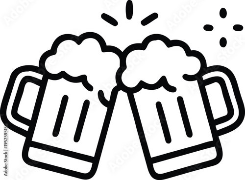 Two foaming beer mugs clinking toast line art icon