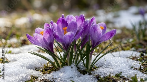Spring's First Bloom Vibrant Purple Crocuses in Melting Snow