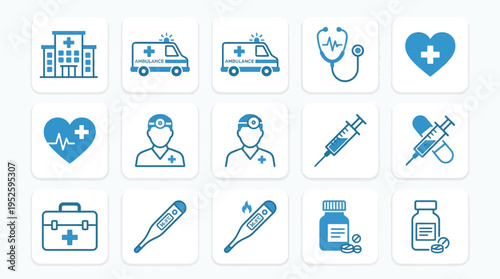 Essential medical and healthcare icon set featuring hospital, ambulance, doctor, thermometer, syringe, and medicine symbols for digital health applications