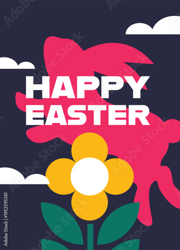 Flat design Easter greeting illustration with bold Happy Easter text, flowers, and abstract shapes on a dark background. Modern style suitable for posters, banners, and seasonal marketing visuals.