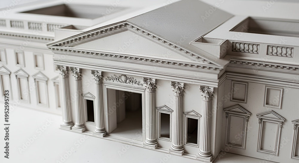 Fototapeta premium Architectural Model: Classic Building Facade with Columns, Pediment, and Windows