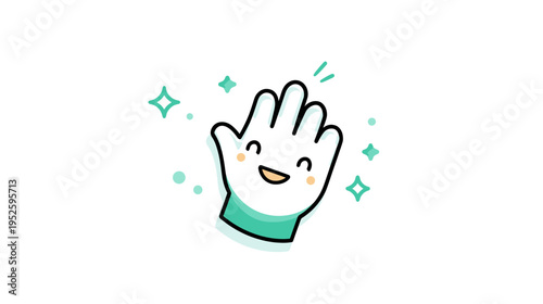Happy cartoon hand in a clean green glove with sparkling effect, symbolizing hygiene, safety, and a job well done.