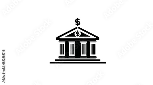 Bank building icon with dollar sign, black and white vector graphic symbol for finance, banking, economy, investment, and business concepts